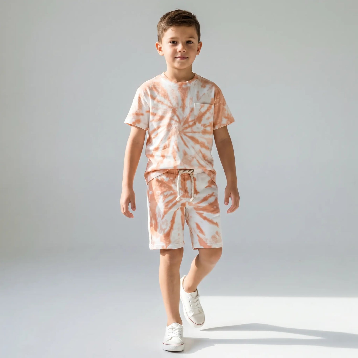 Round Neck Shirt &amp; Short - Orange White LITTLE HEDONIST