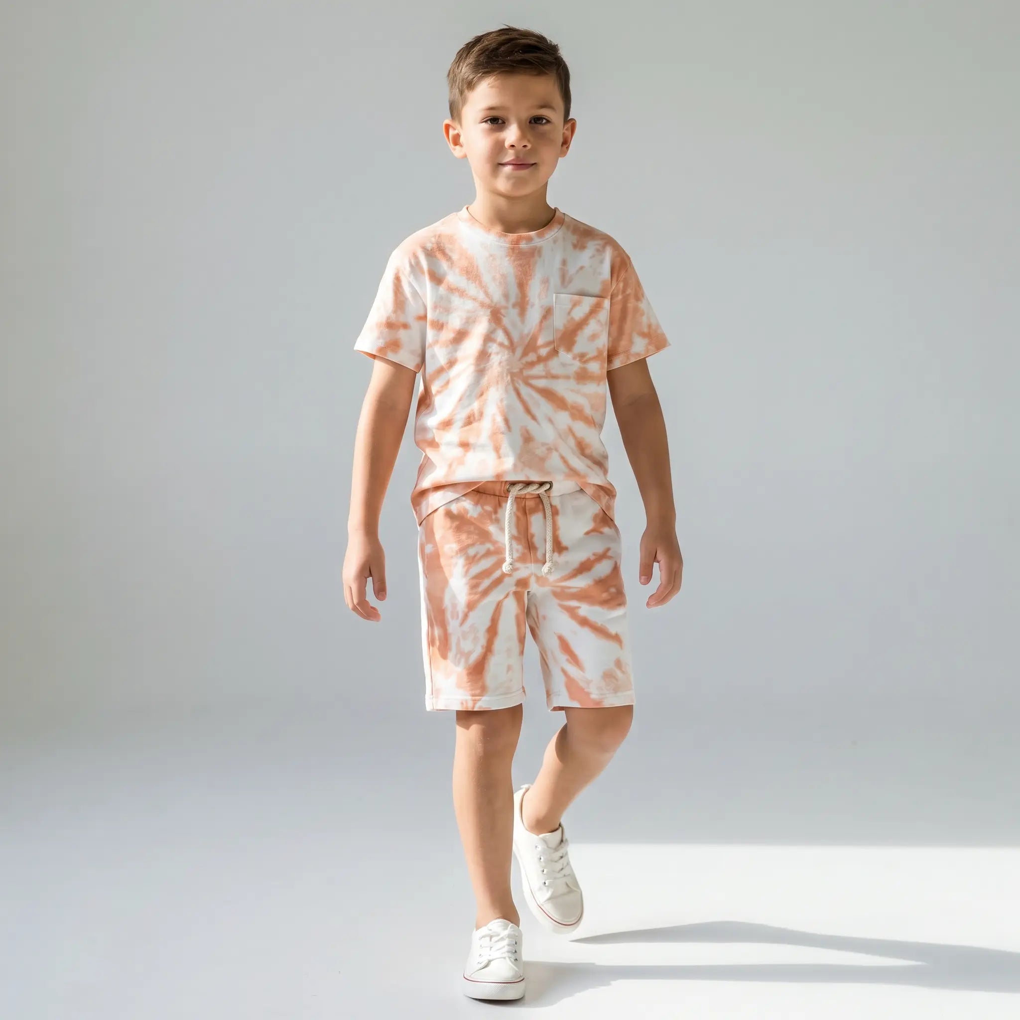 Round Neck Shirt &amp; Short - Orange White LITTLE HEDONIST