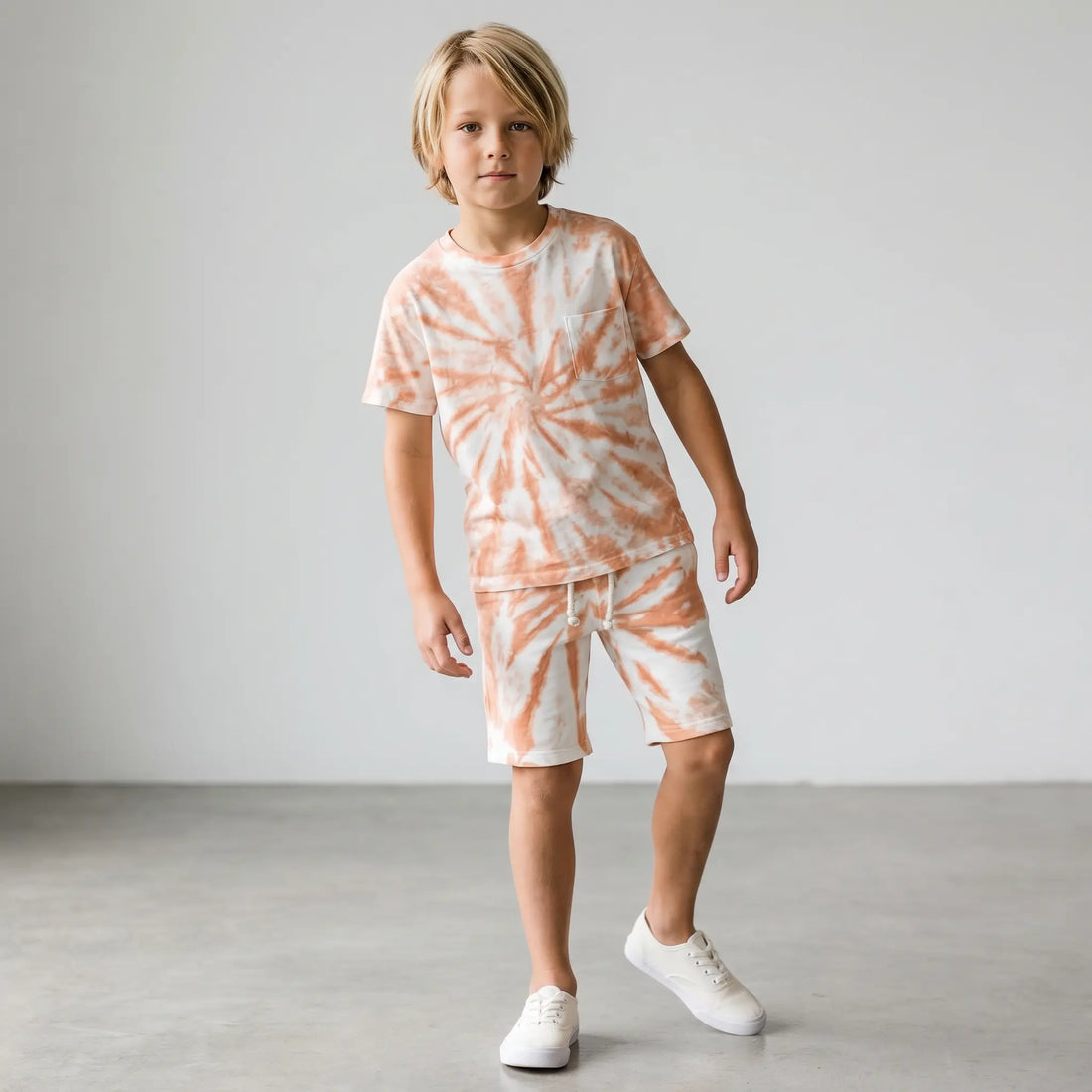 Round Neck Shirt &amp; Short - Orange White LITTLE HEDONIST