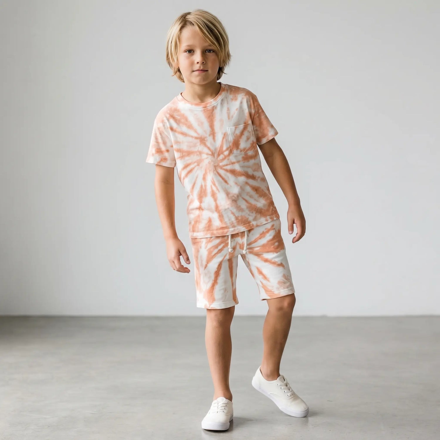 Round Neck Shirt &amp; Short - Orange White LITTLE HEDONIST