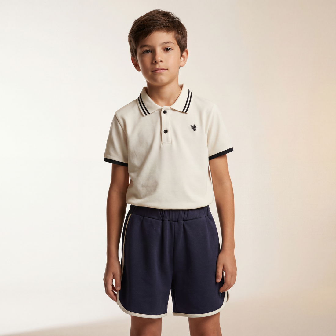 Boys Cream Polo Shirt &amp; Navy Shorts Set