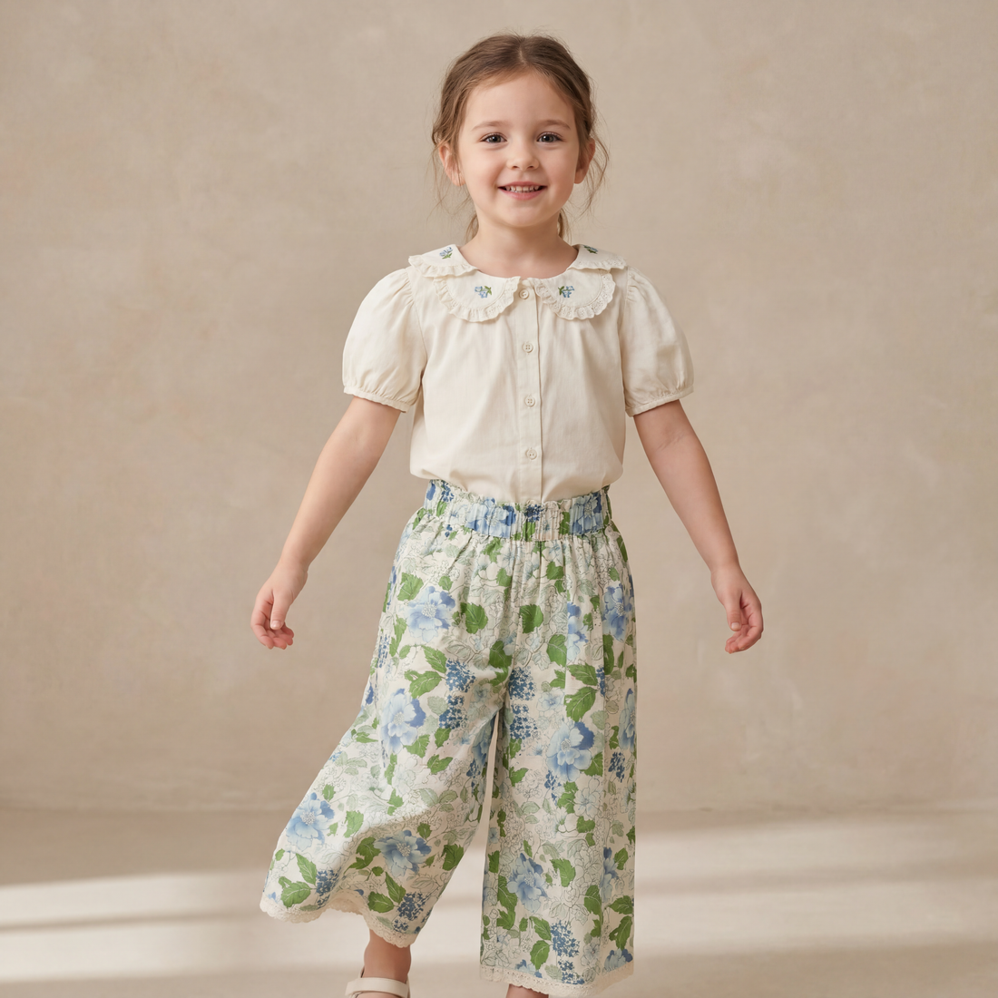 Girls Cream Embroidered Blouse &amp; Blue Floral Pants Set