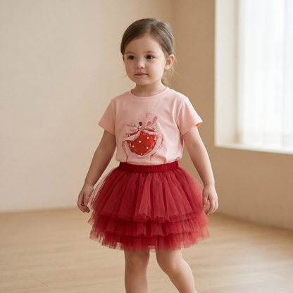 Girls Pink Strawberry T-Shirt &amp; Red Tulle Skirt Set