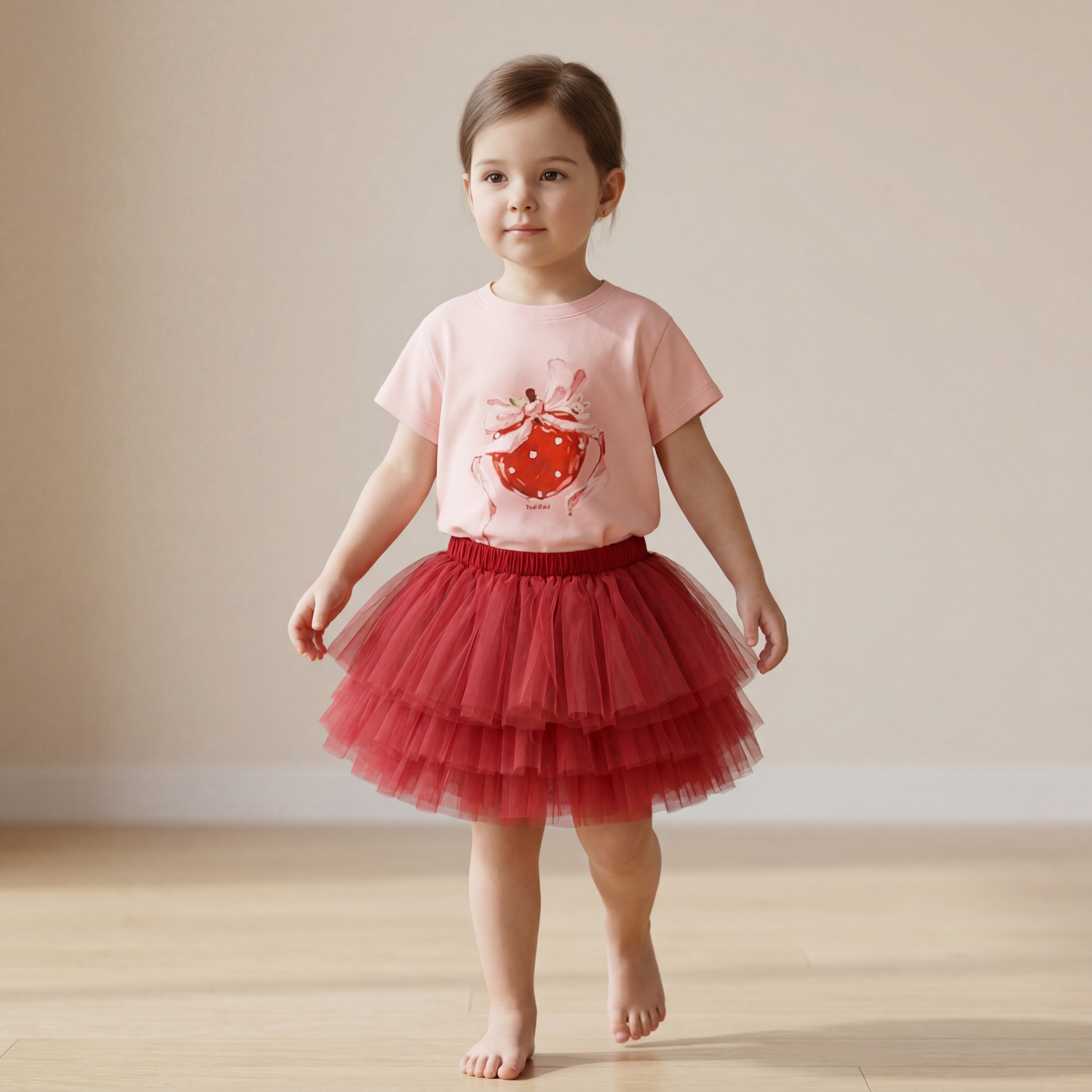 Girls Pink Strawberry T-Shirt &amp; Red Tulle Skirt Set
