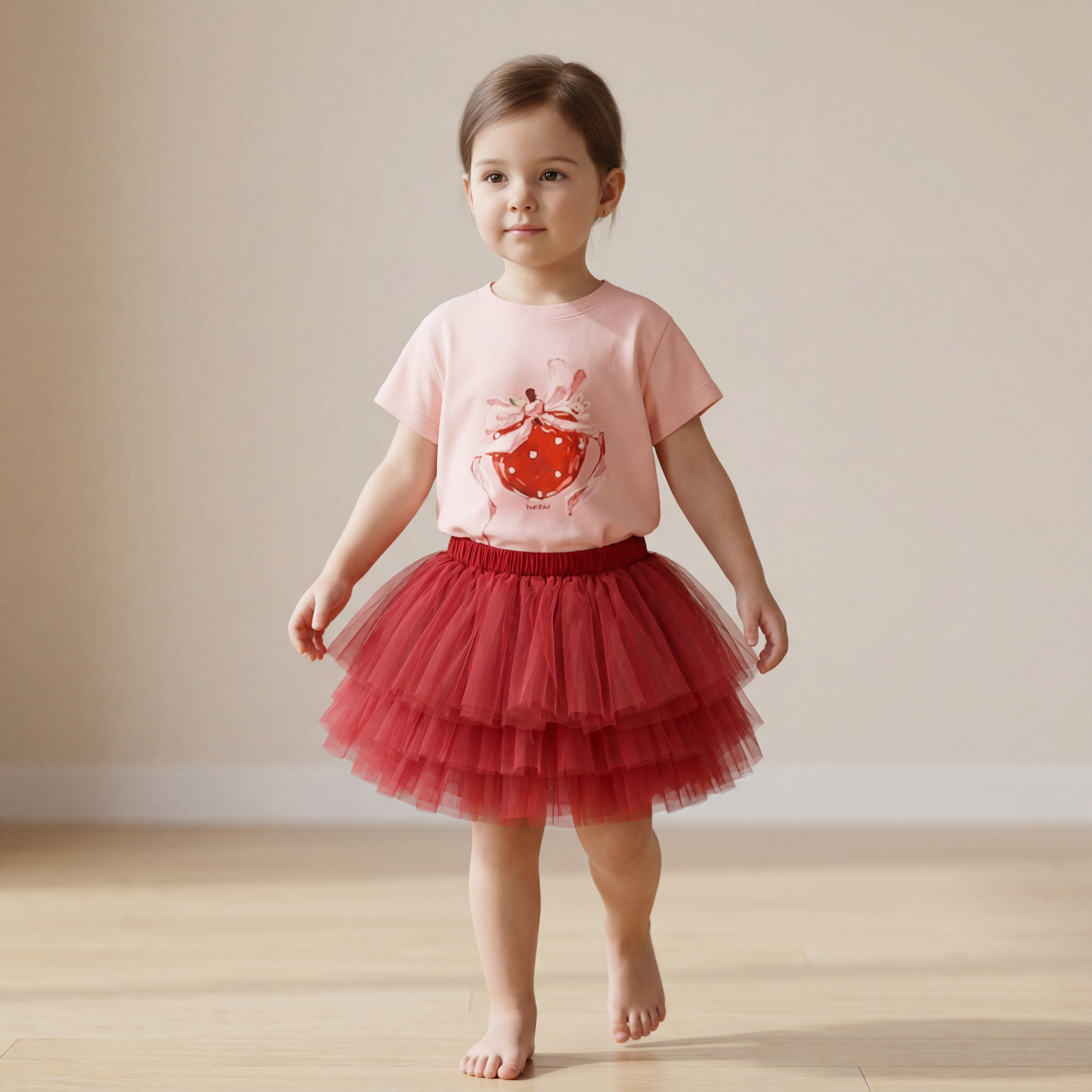 Girls Pink Strawberry T-Shirt &amp; Red Tulle Skirt Set