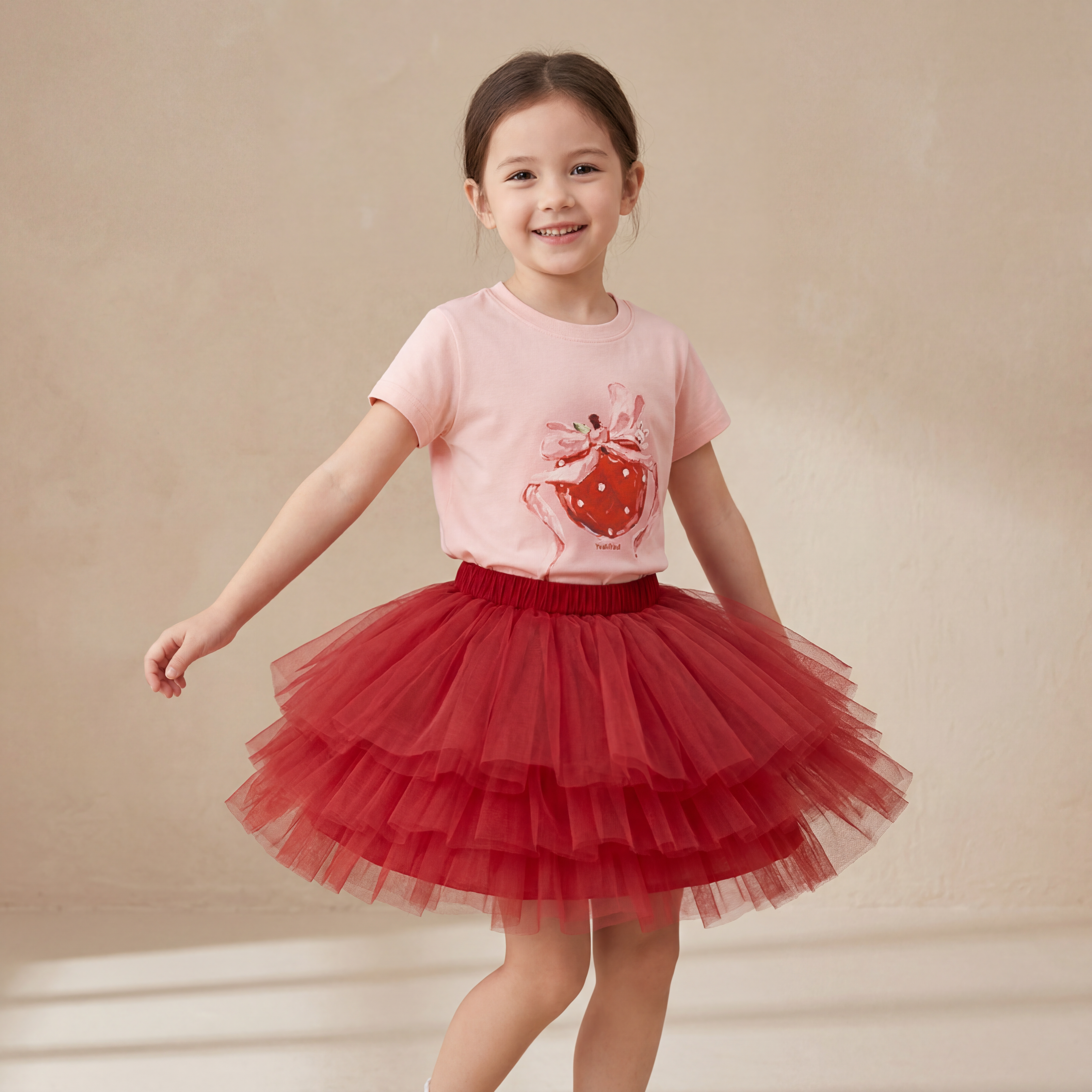 Girls Pink Strawberry T-Shirt &amp; Red Tulle Skirt Set