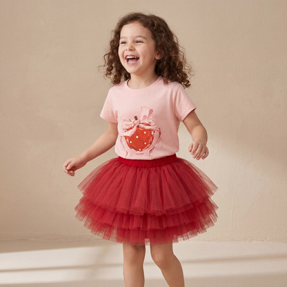 Girls Pink Strawberry T-Shirt &amp; Red Tulle Skirt Set