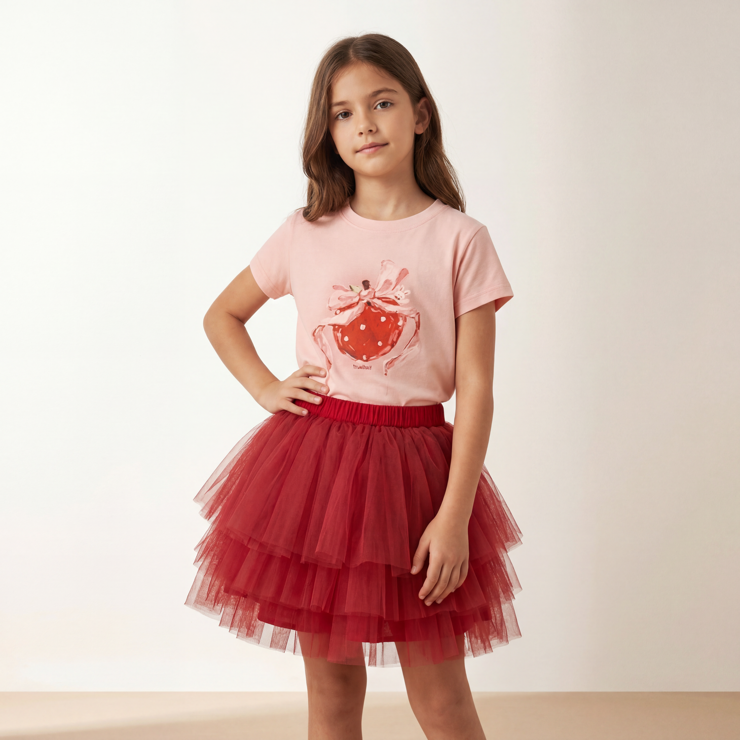 Girls Pink Strawberry T-Shirt &amp; Red Tulle Skirt Set