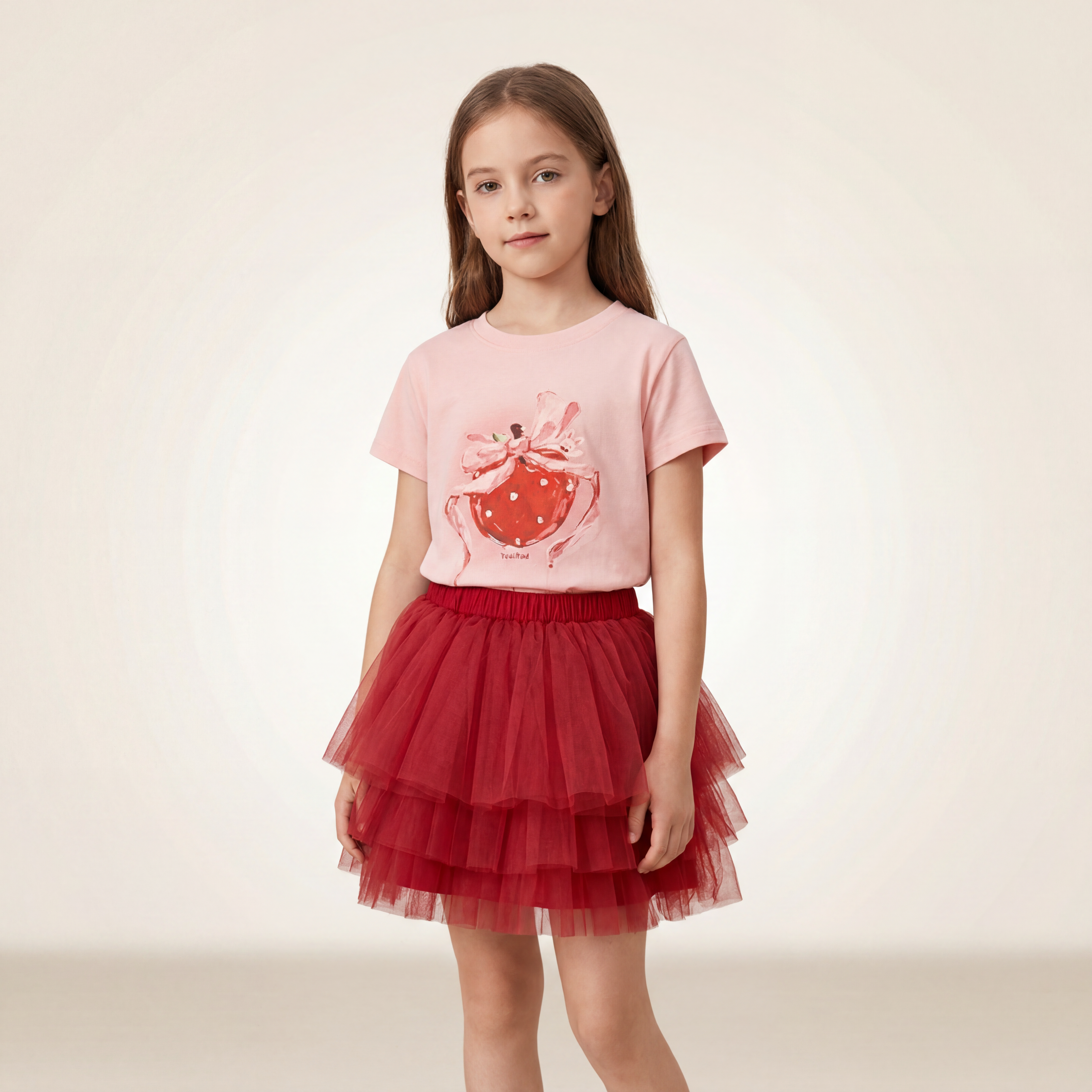Girls Pink Strawberry T-Shirt &amp; Red Tulle Skirt Set