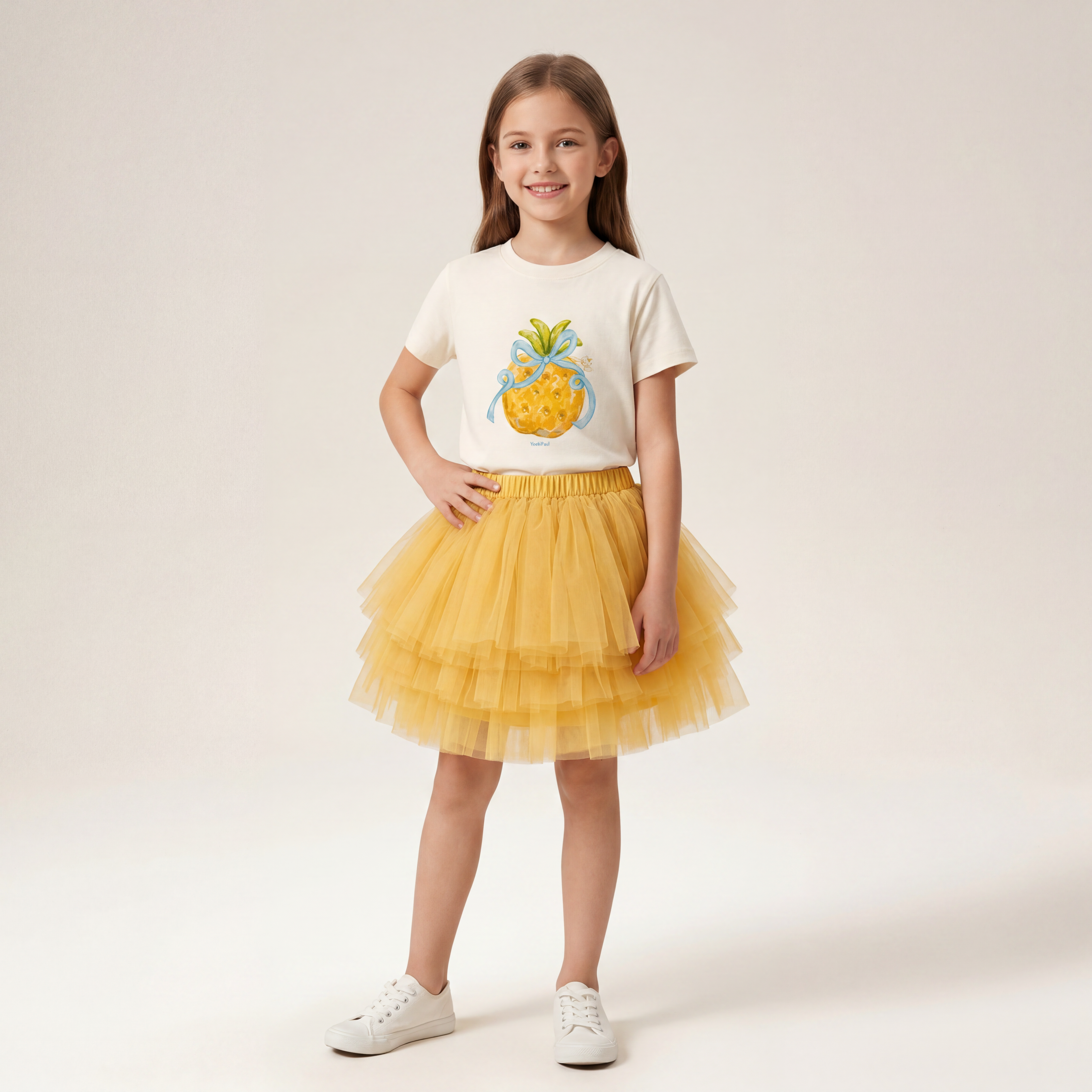 Girls Pineapple T-Shirt &amp; Yellow Tulle Skirt Set