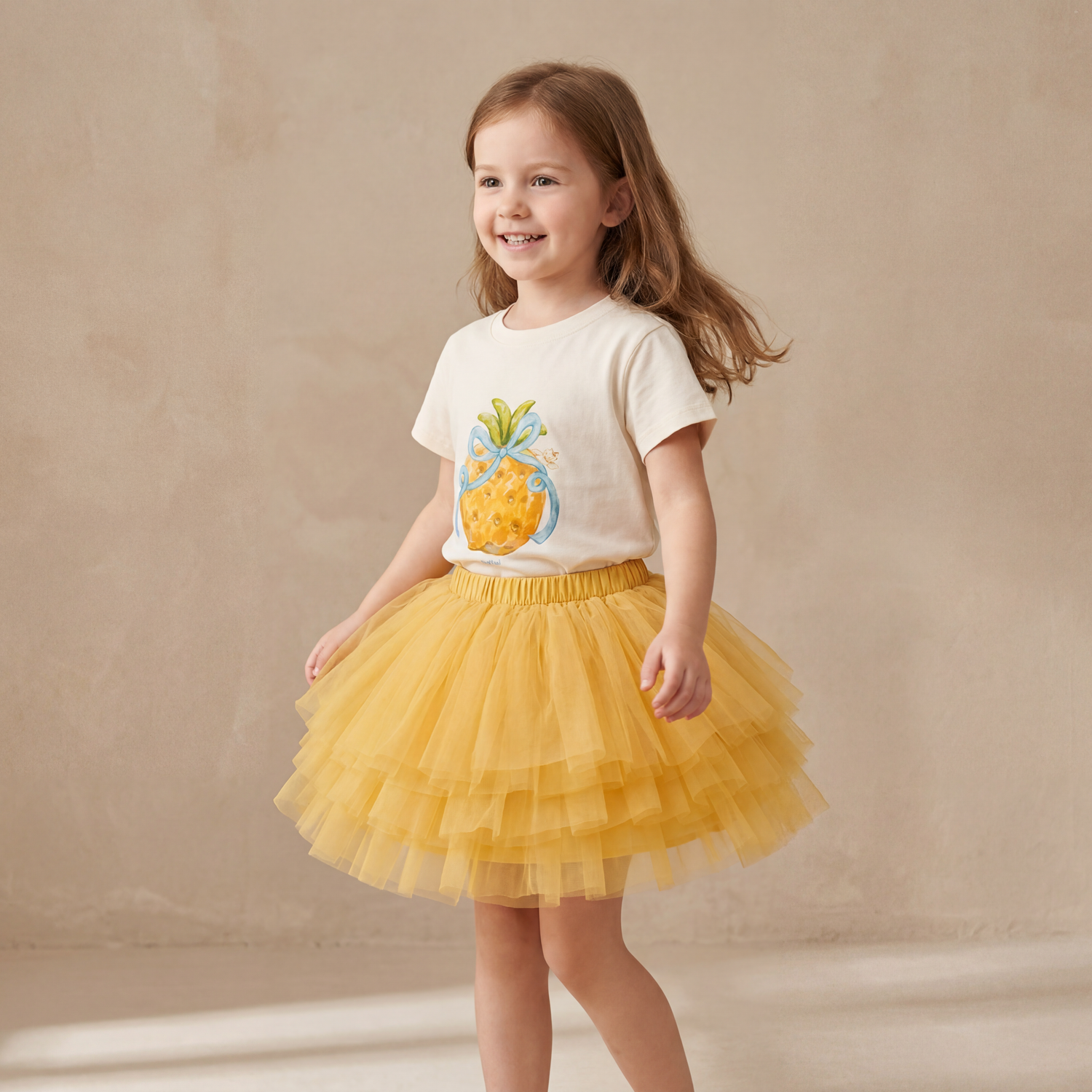 Girls Pineapple T-Shirt &amp; Yellow Tulle Skirt Set
