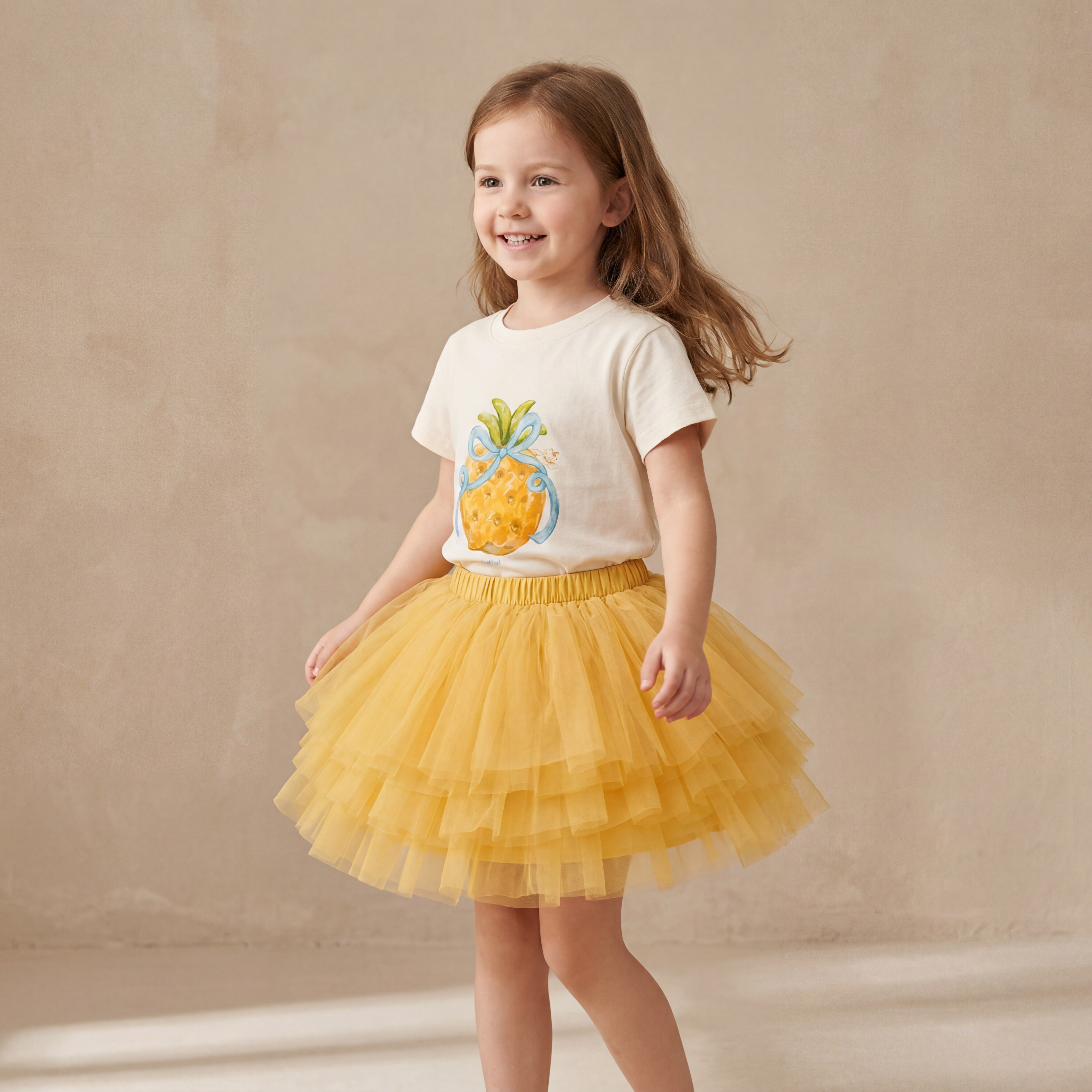 Girls Pineapple T-Shirt &amp; Yellow Tulle Skirt Set