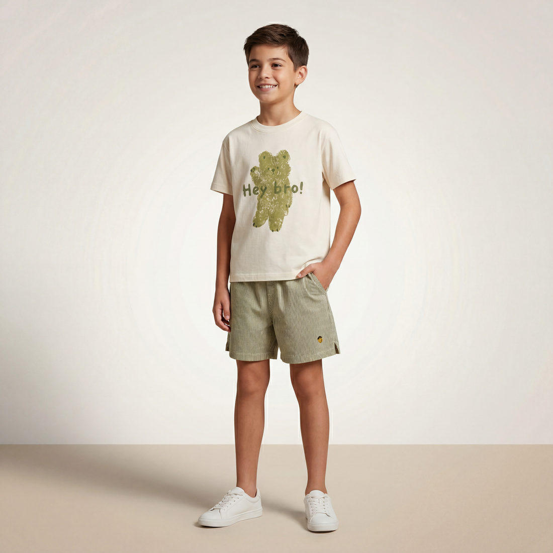 Boys Cream Graphic T-Shirt &amp; Striped Shorts Set