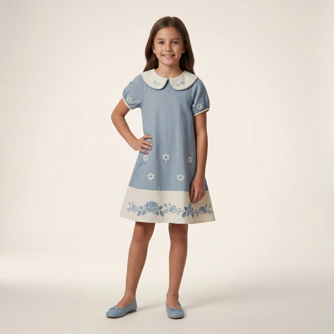 Girls Blue Floral Embroidered Dress with Peter Pan Collar Sol Vera