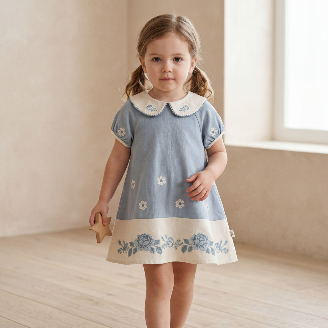 Girls Blue Floral Embroidered Dress with Peter Pan Collar
