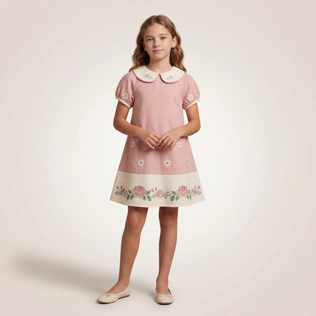 Girls Pink Floral Embroidered Dress with Peter Pan Collar