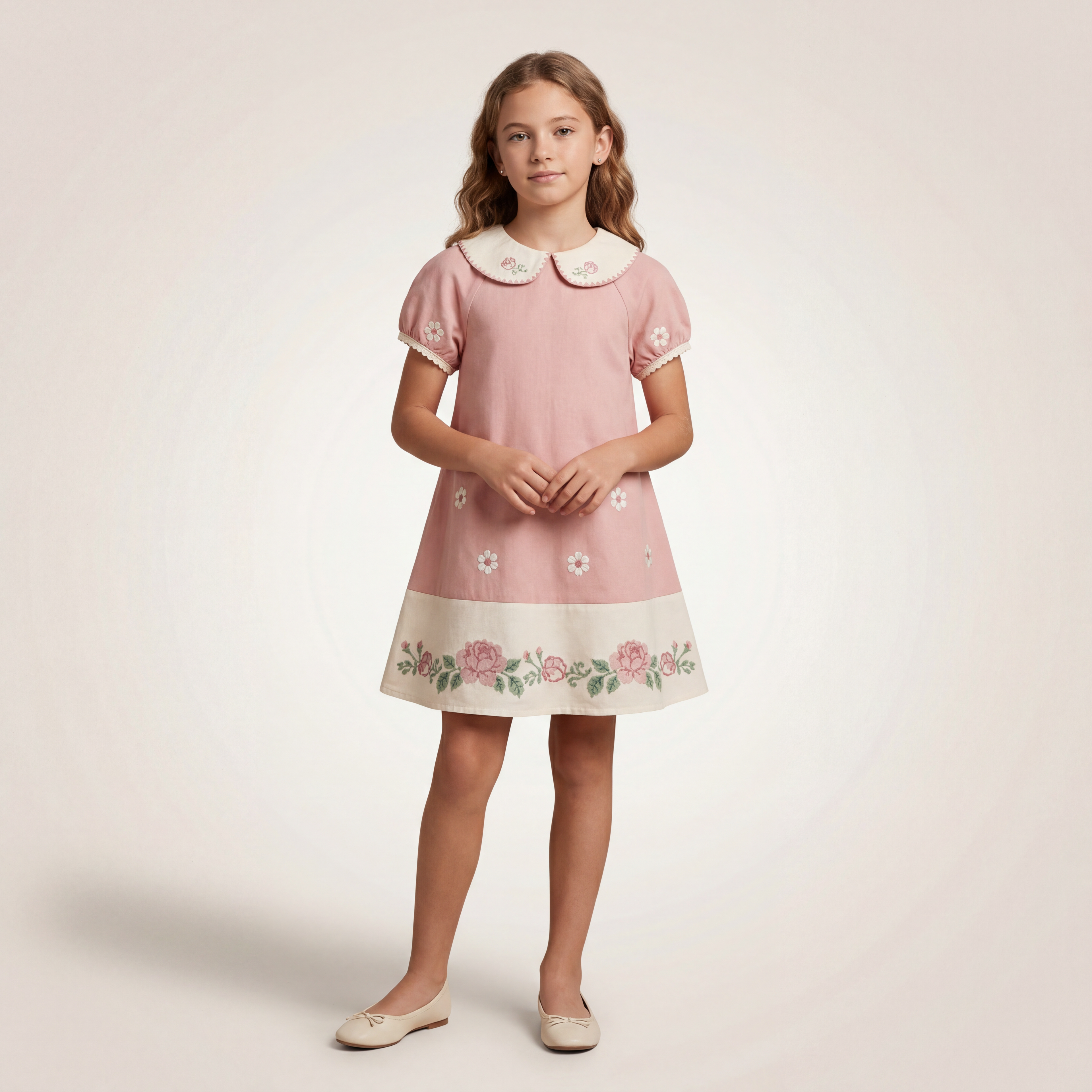 Girls Pink Floral Embroidered Dress with Peter Pan Collar