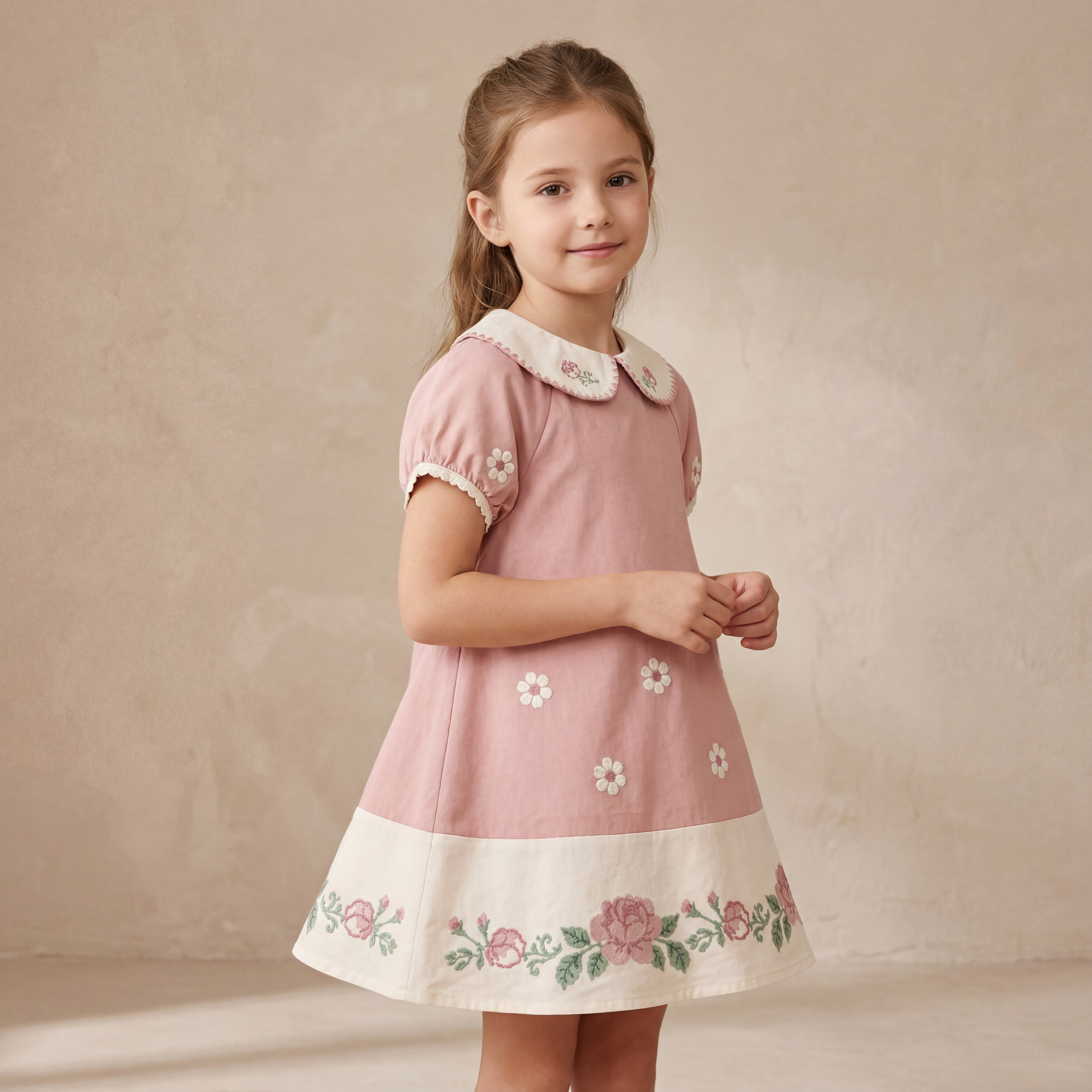 Girls Pink Floral Embroidered Dress with Peter Pan Collar
