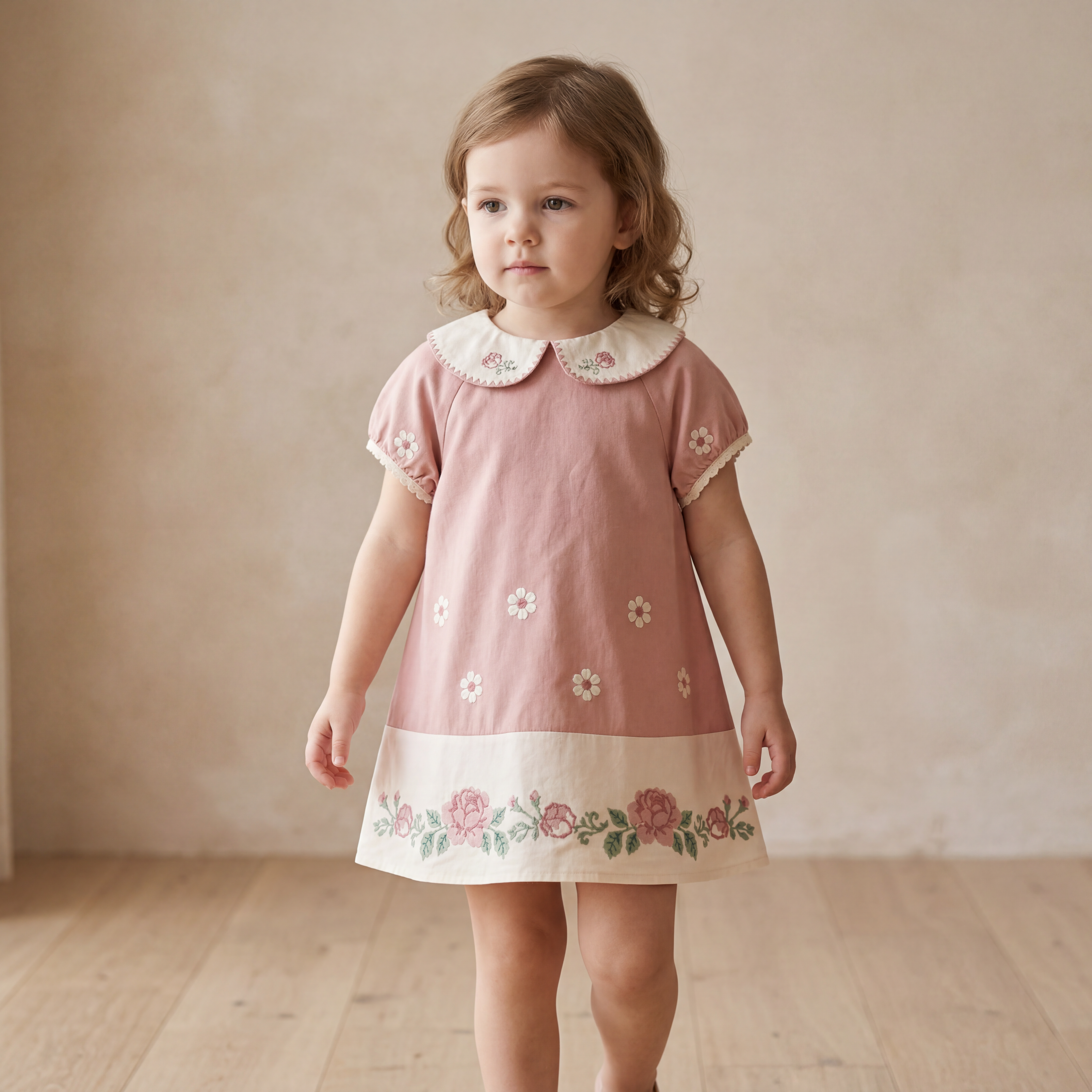 Girls Pink Floral Embroidered Dress with Peter Pan Collar