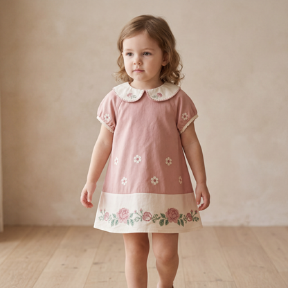 Girls Pink Floral Embroidered Dress with Peter Pan Collar