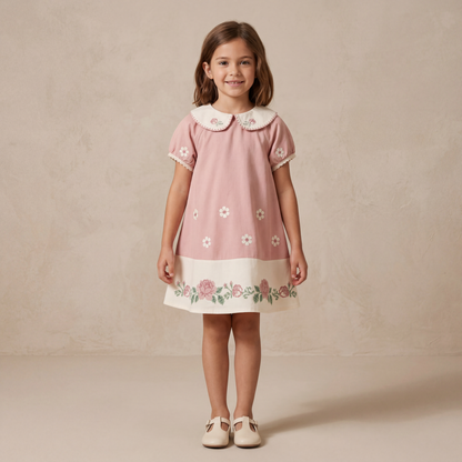 Girls Pink Floral Embroidered Dress with Peter Pan Collar