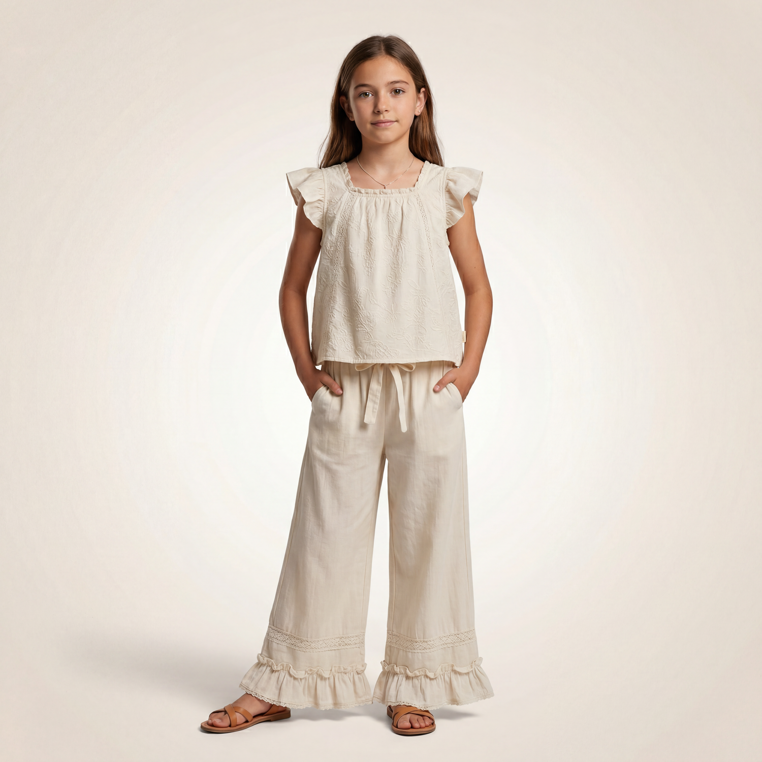 Girls Cream Ruffle Top &amp; Wide-Leg Pants Set