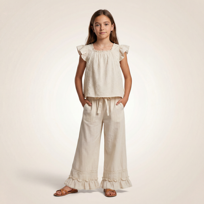 Girls Cream Ruffle Top &amp; Wide-Leg Pants Set