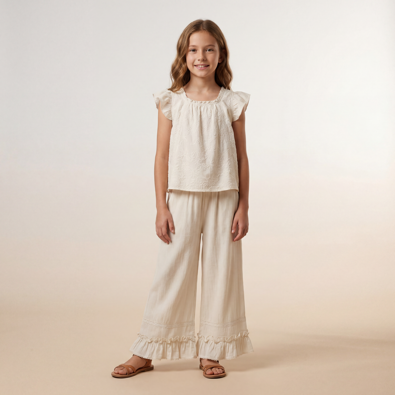 Girls Cream Ruffle Top &amp; Wide-Leg Pants Set