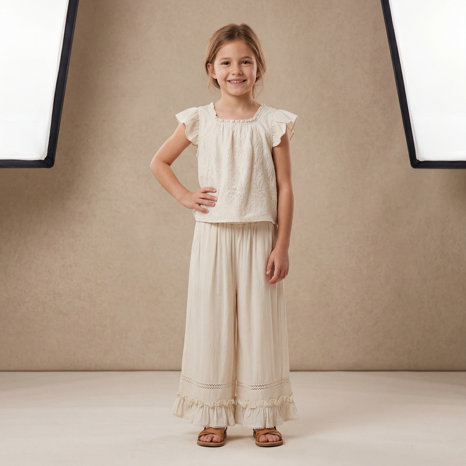 Girls Cream Ruffle Top &amp; Wide-Leg Pants Set
