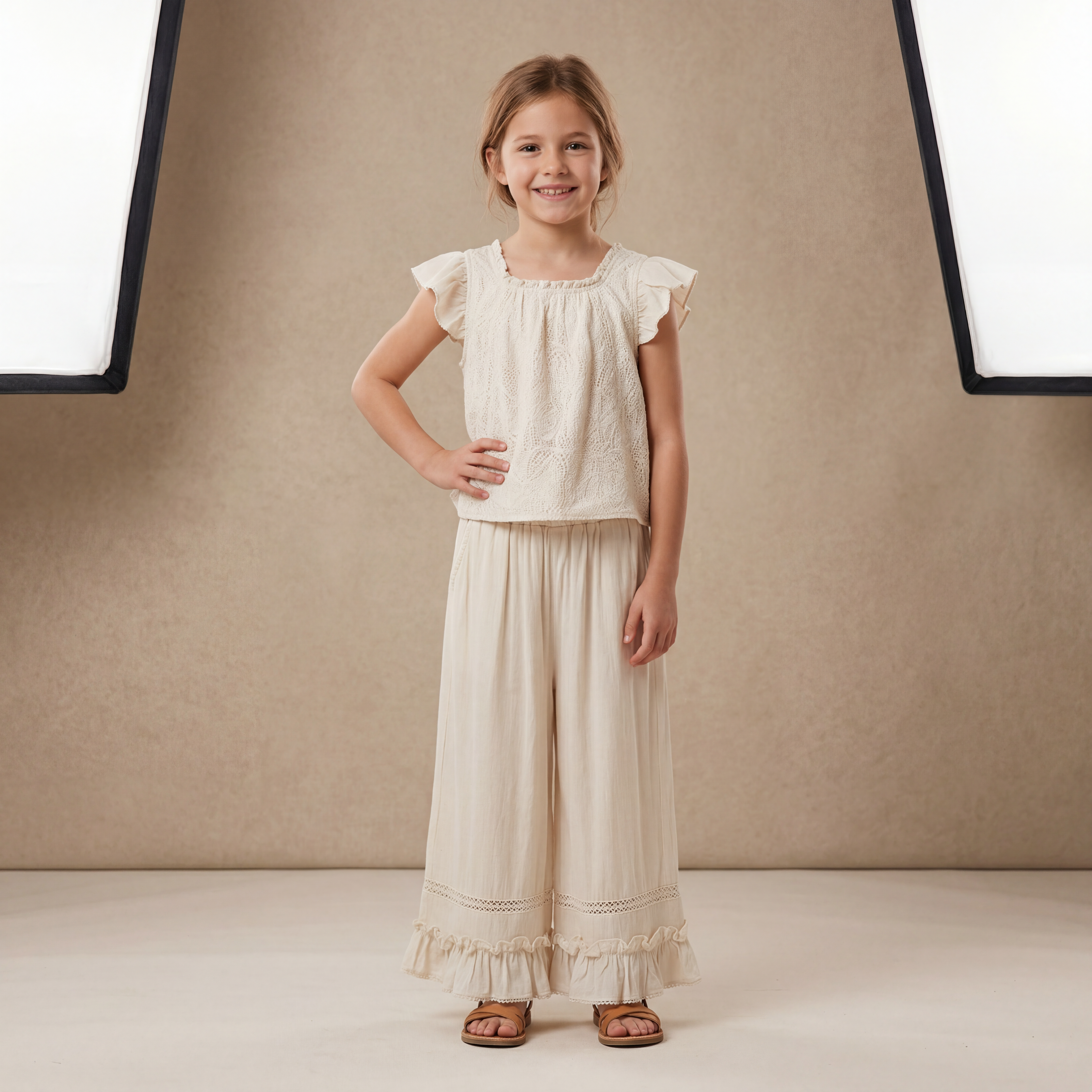 Girls Cream Ruffle Top &amp; Wide-Leg Pants Set