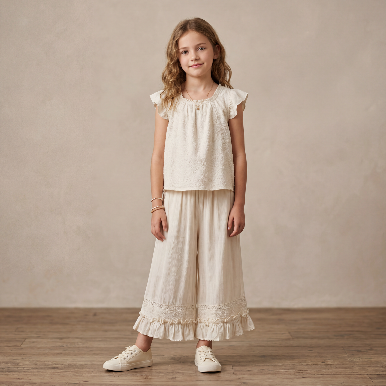 Girls Cream Ruffle Top &amp; Wide-Leg Pants Set