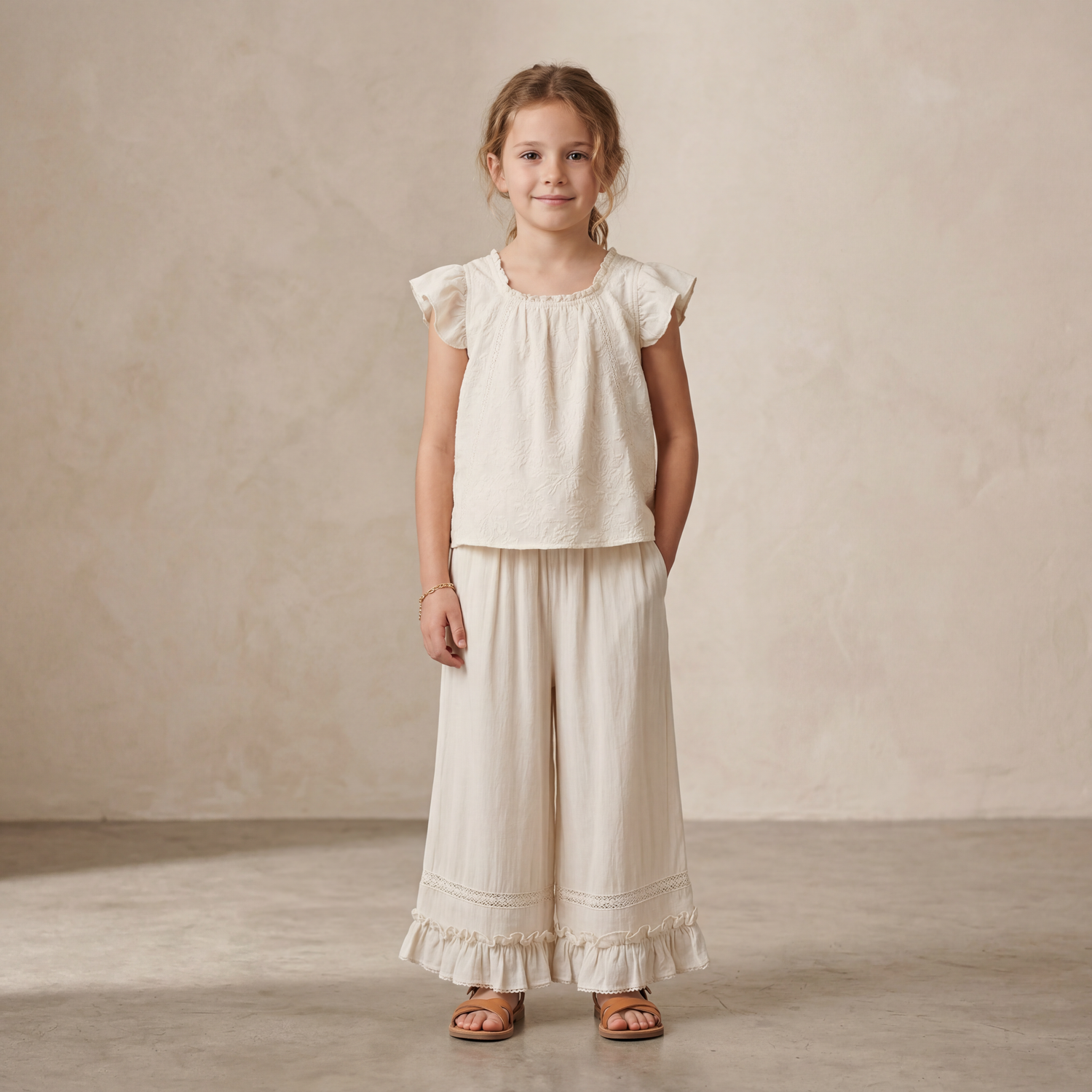 Girls Cream Ruffle Top &amp; Wide-Leg Pants Set