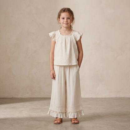 Girls Cream Ruffle Top &amp; Wide-Leg Pants Set