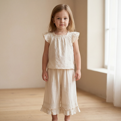 Girls Cream Ruffle Top &amp; Wide-Leg Pants Set