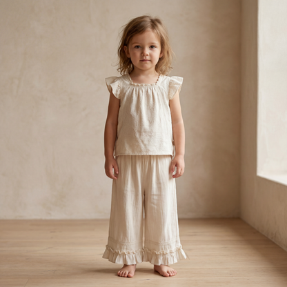Girls Cream Ruffle Top &amp; Wide-Leg Pants Set