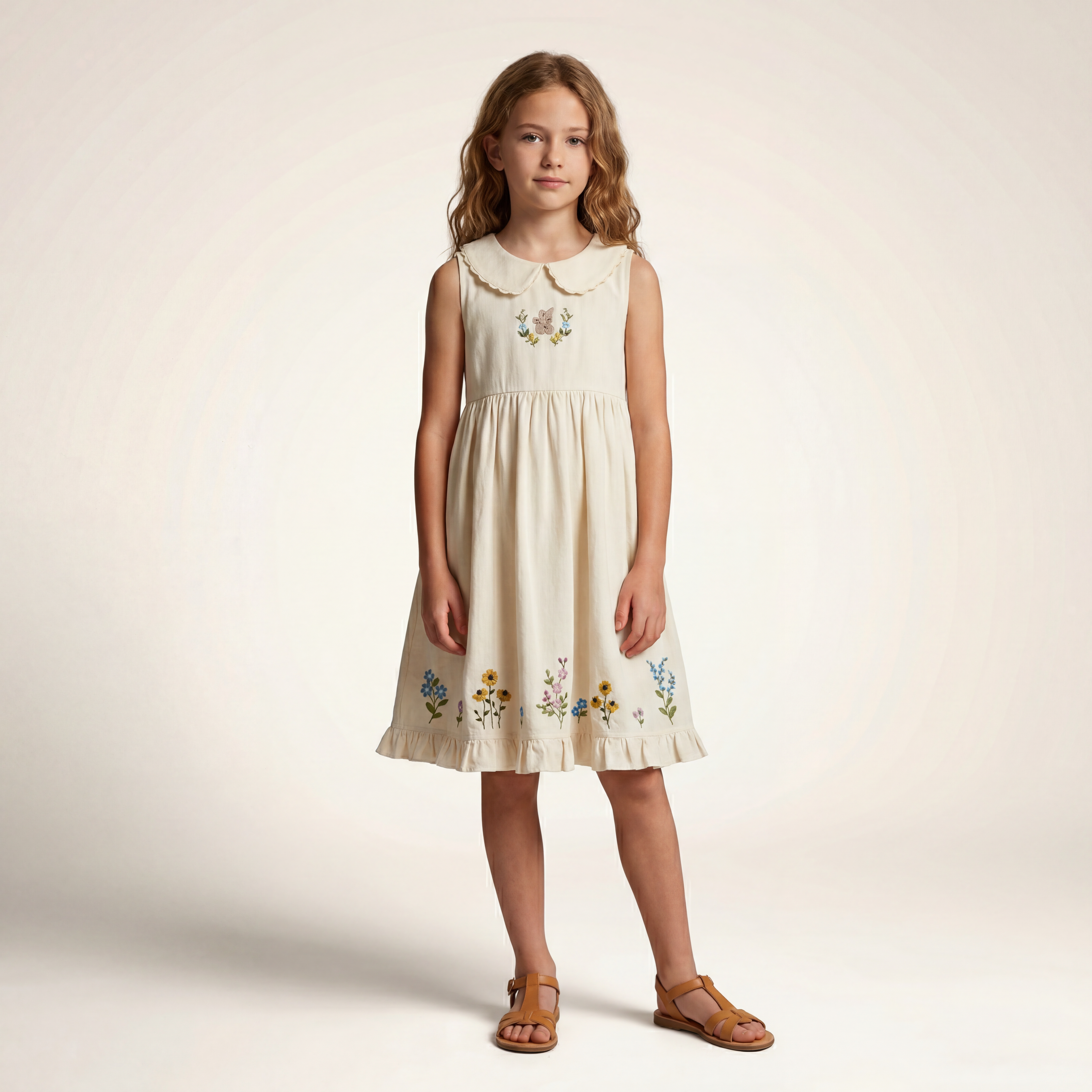 Girls Cream Floral Embroidered Sleeveless Dress