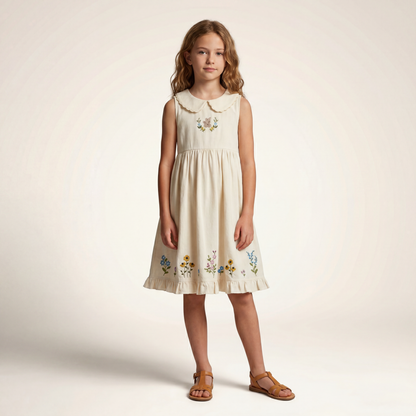Girls Cream Floral Embroidered Sleeveless Dress