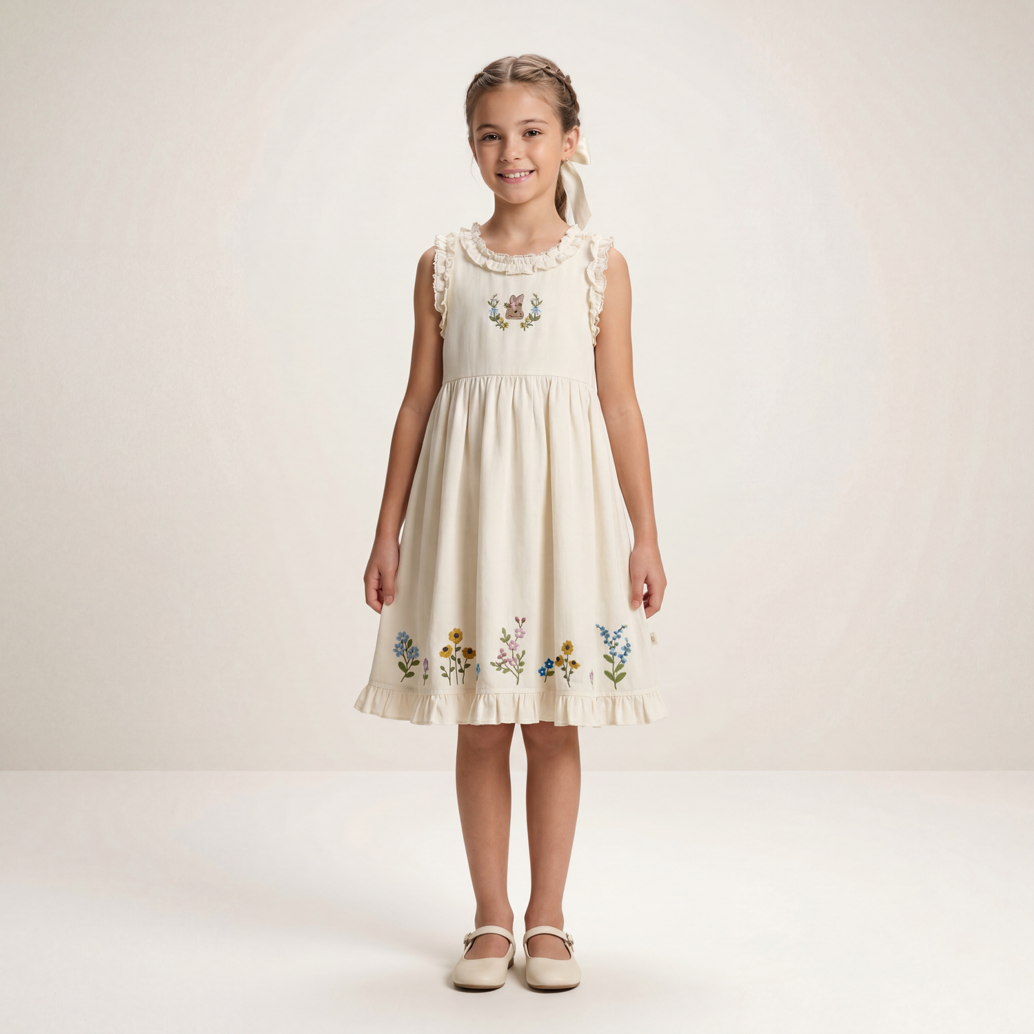 Girls Cream Floral Embroidered Sleeveless Dress