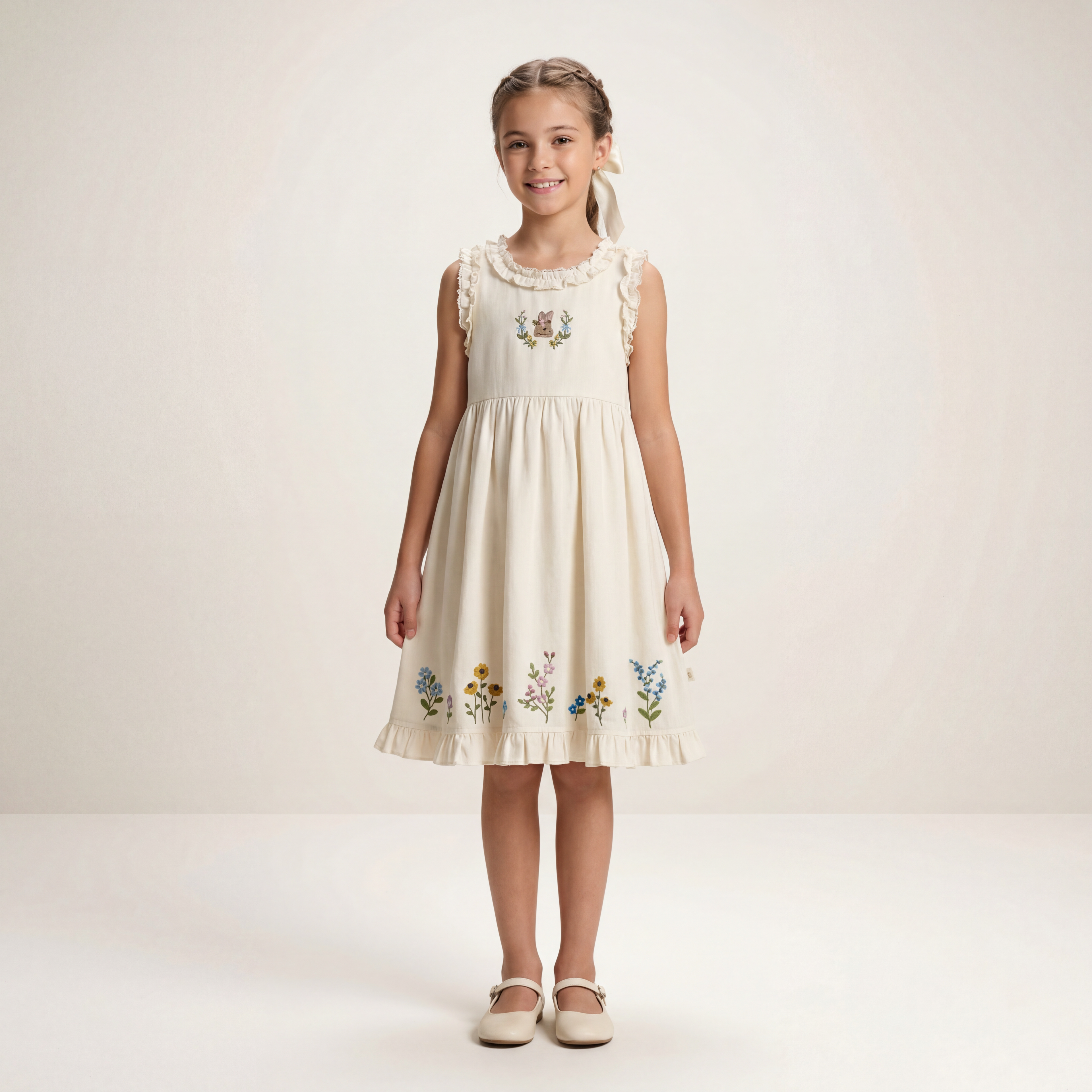 Girls Cream Floral Embroidered Sleeveless Dress