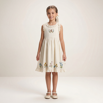 Girls Cream Floral Embroidered Sleeveless Dress