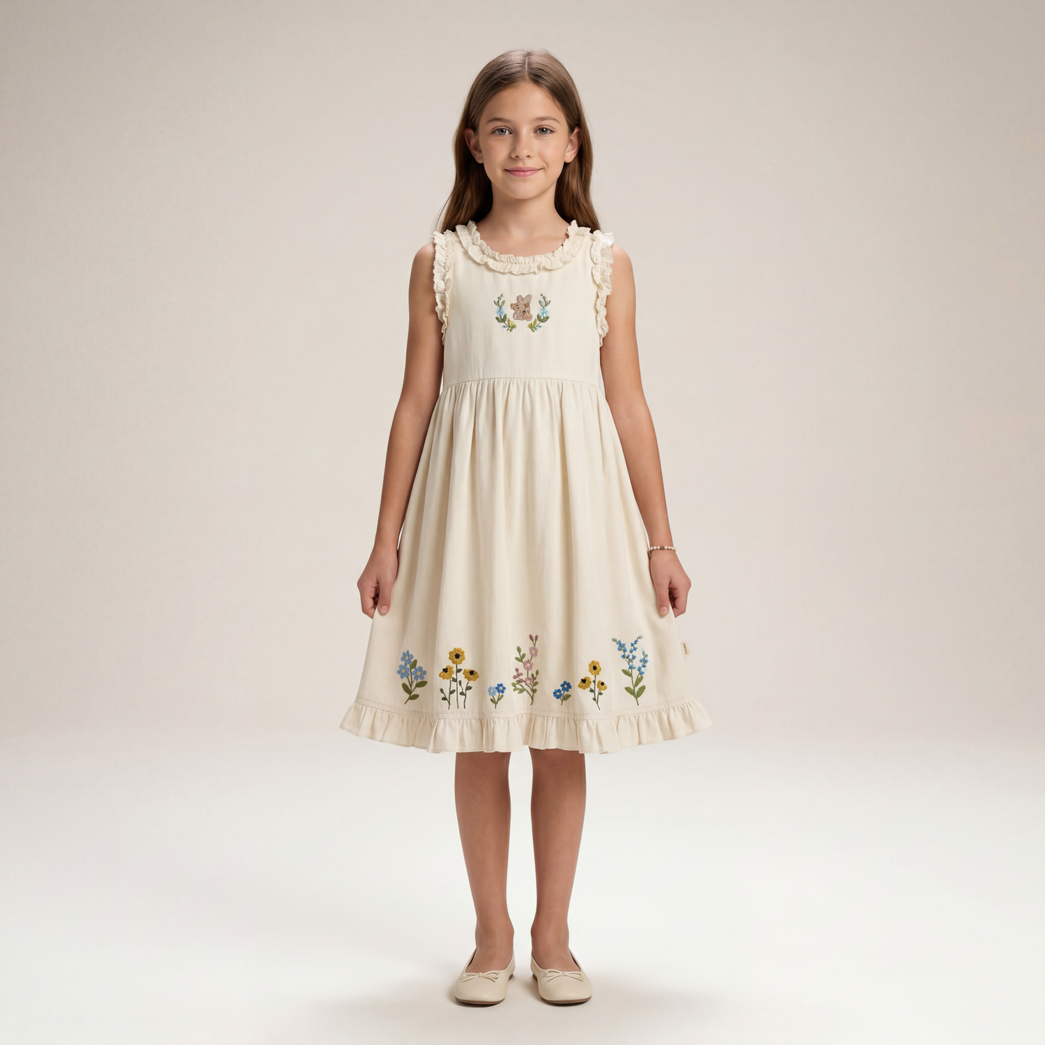 Girls Cream Floral Embroidered Sleeveless Dress