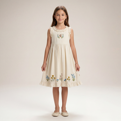 Girls Cream Floral Embroidered Sleeveless Dress