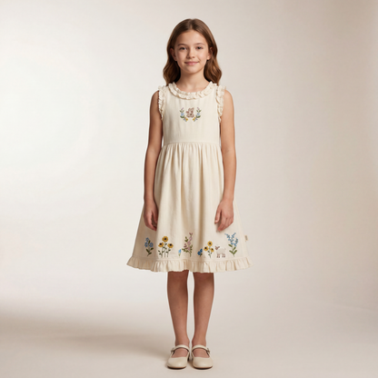 Girls Cream Floral Embroidered Sleeveless Dress
