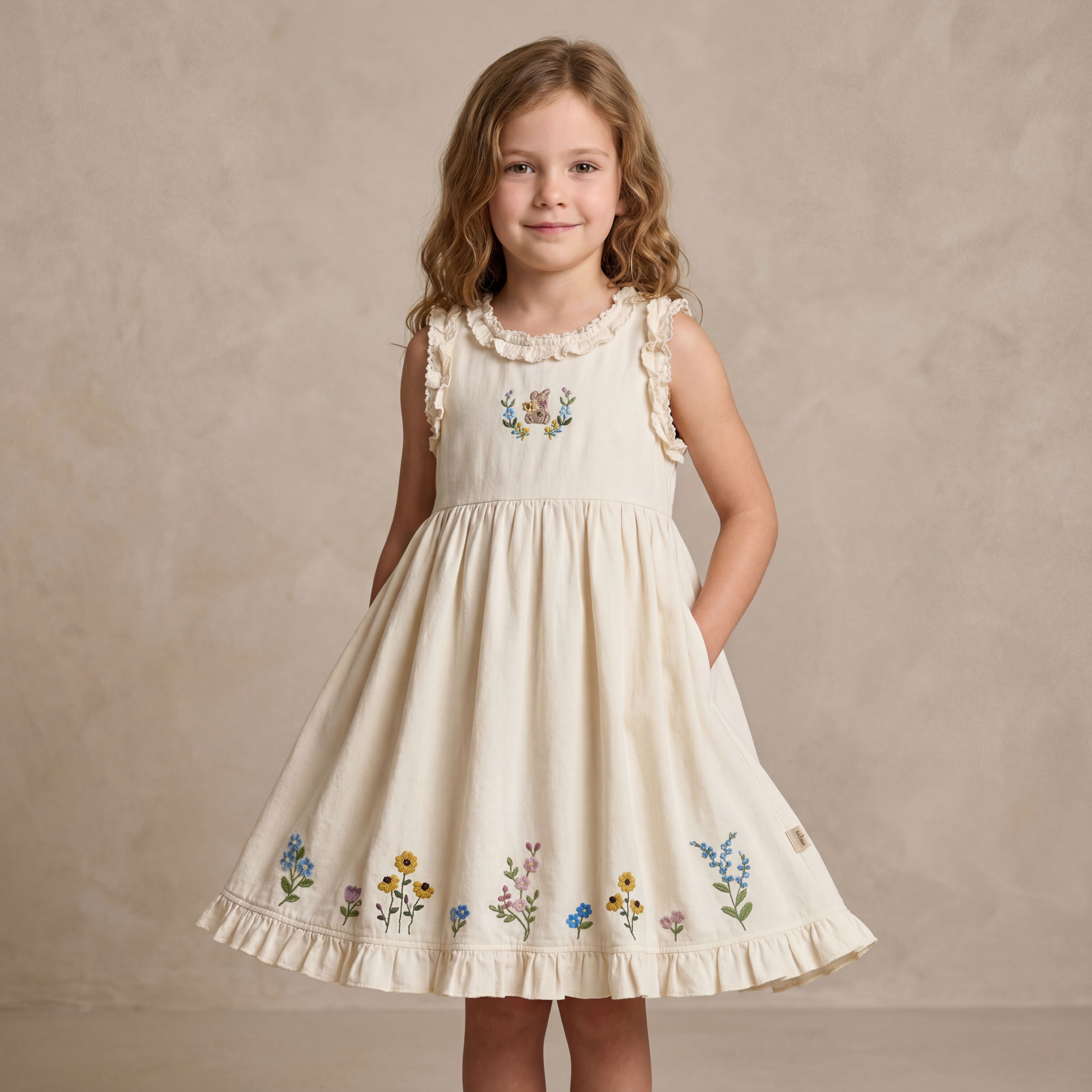 Girls Cream Floral Embroidered Sleeveless Dress