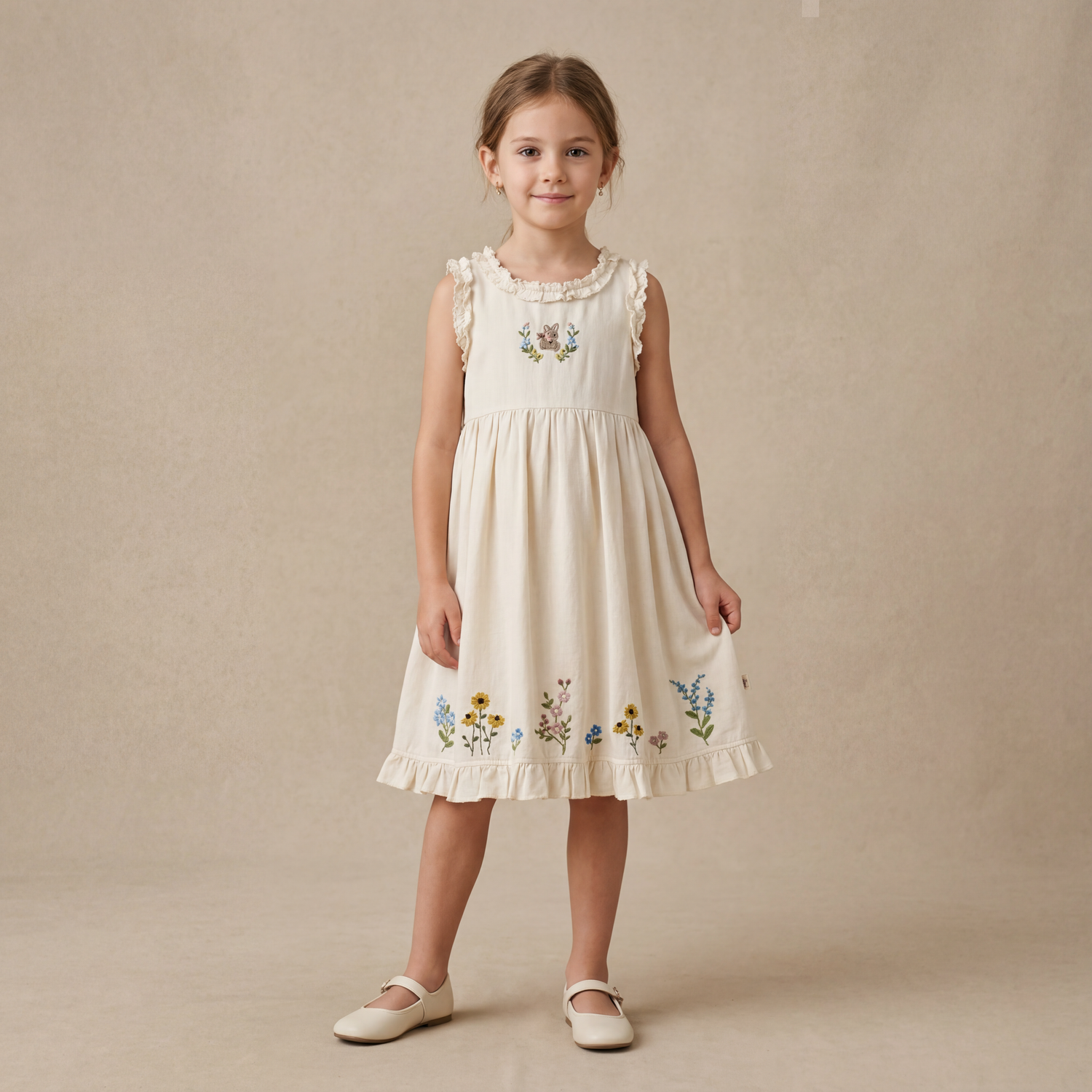 Girls Cream Floral Embroidered Sleeveless Dress