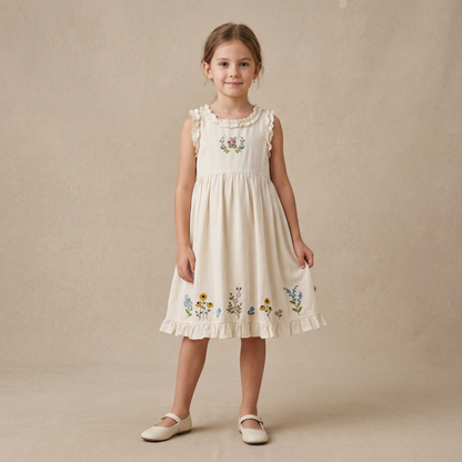 Girls Cream Floral Embroidered Sleeveless Dress