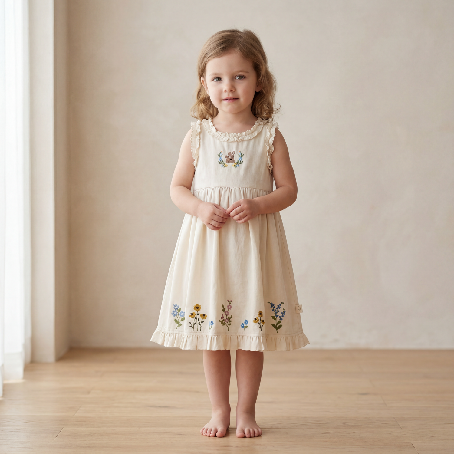 Girls Cream Floral Embroidered Sleeveless Dress