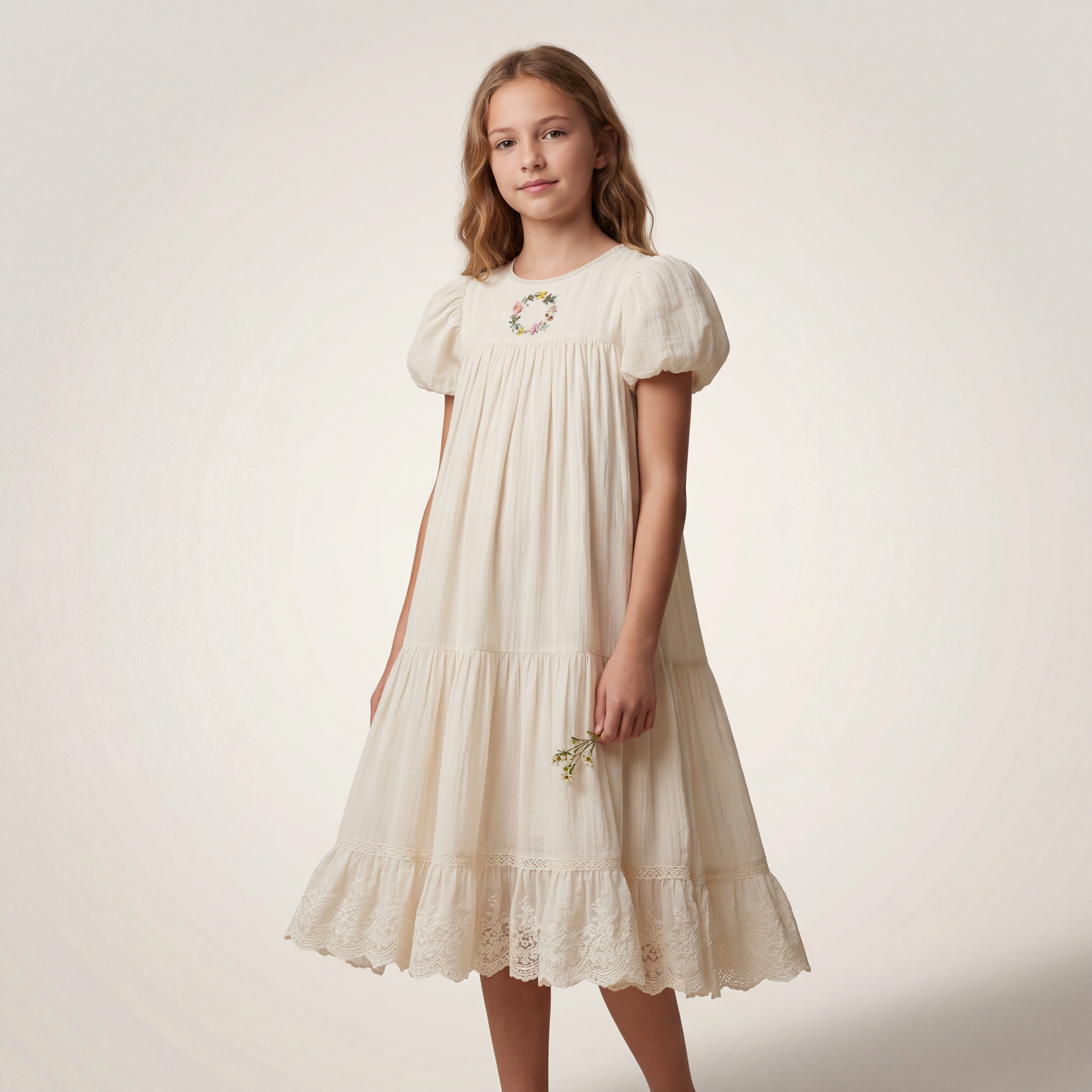 Girls Cream Smocked Dress with Ruffle Hem