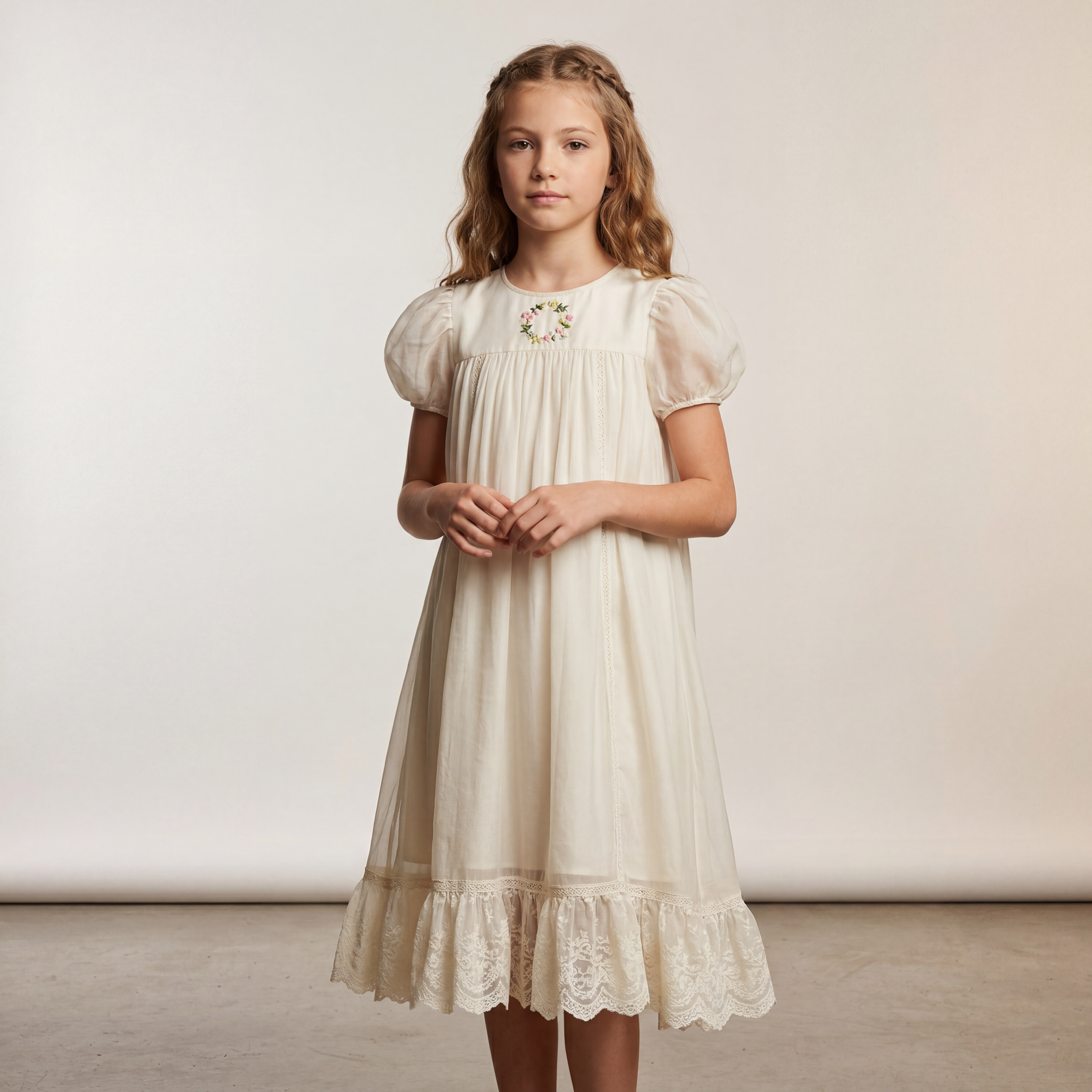 Girls Cream Smocked Dress with Ruffle Hem