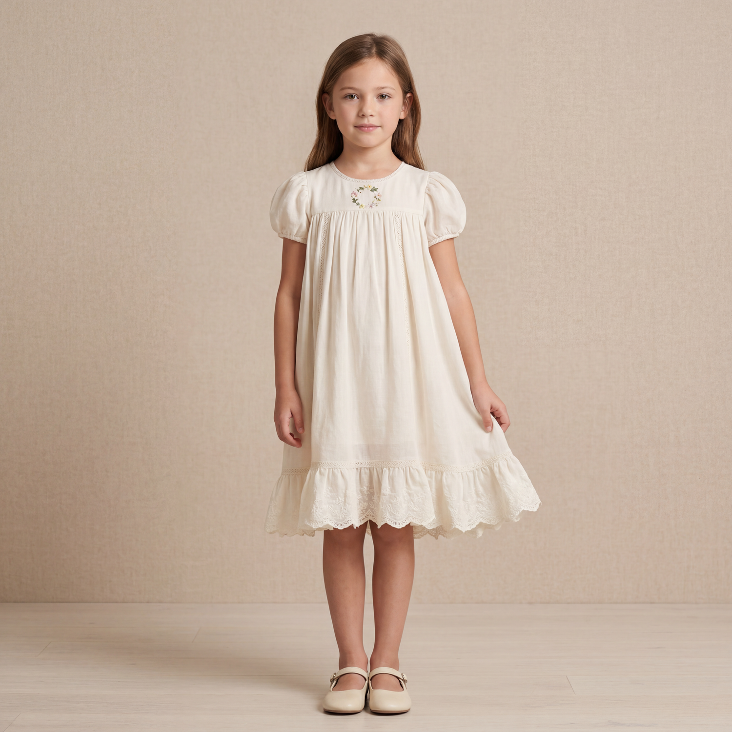 Girls Cream Smocked Dress with Ruffle Hem